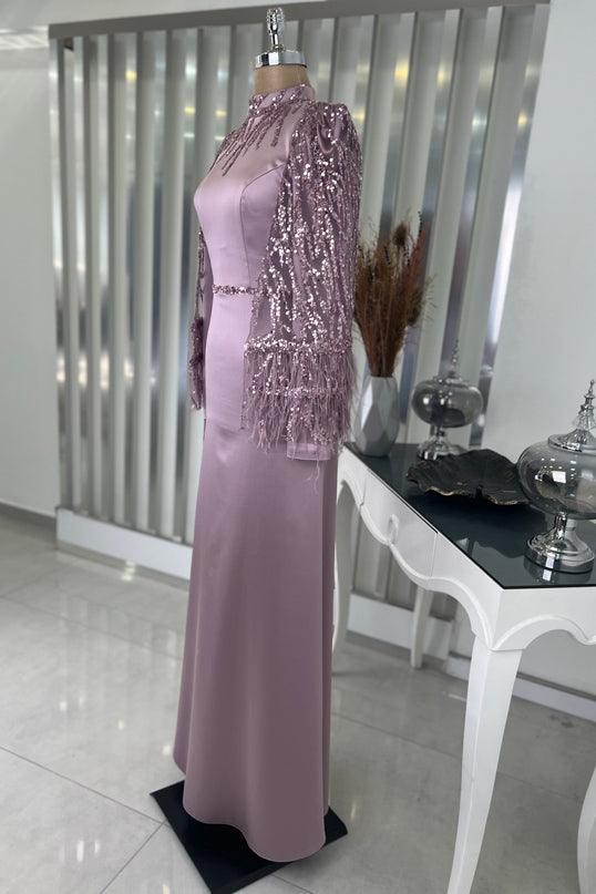 فستان سهرة حجاب ليلي - بودرة