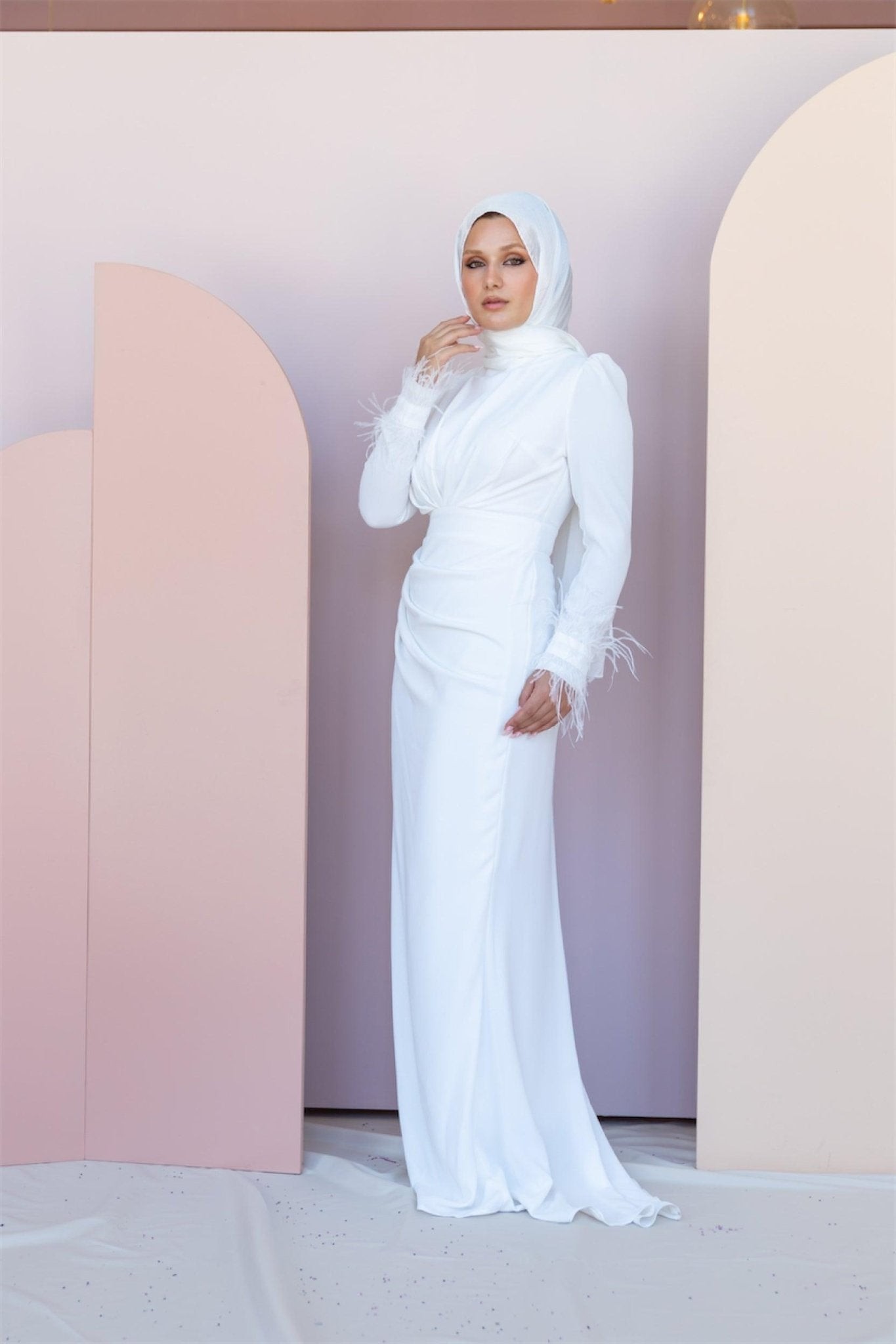 Draped Hijab Evening Dress with Feathered Sleeves - White