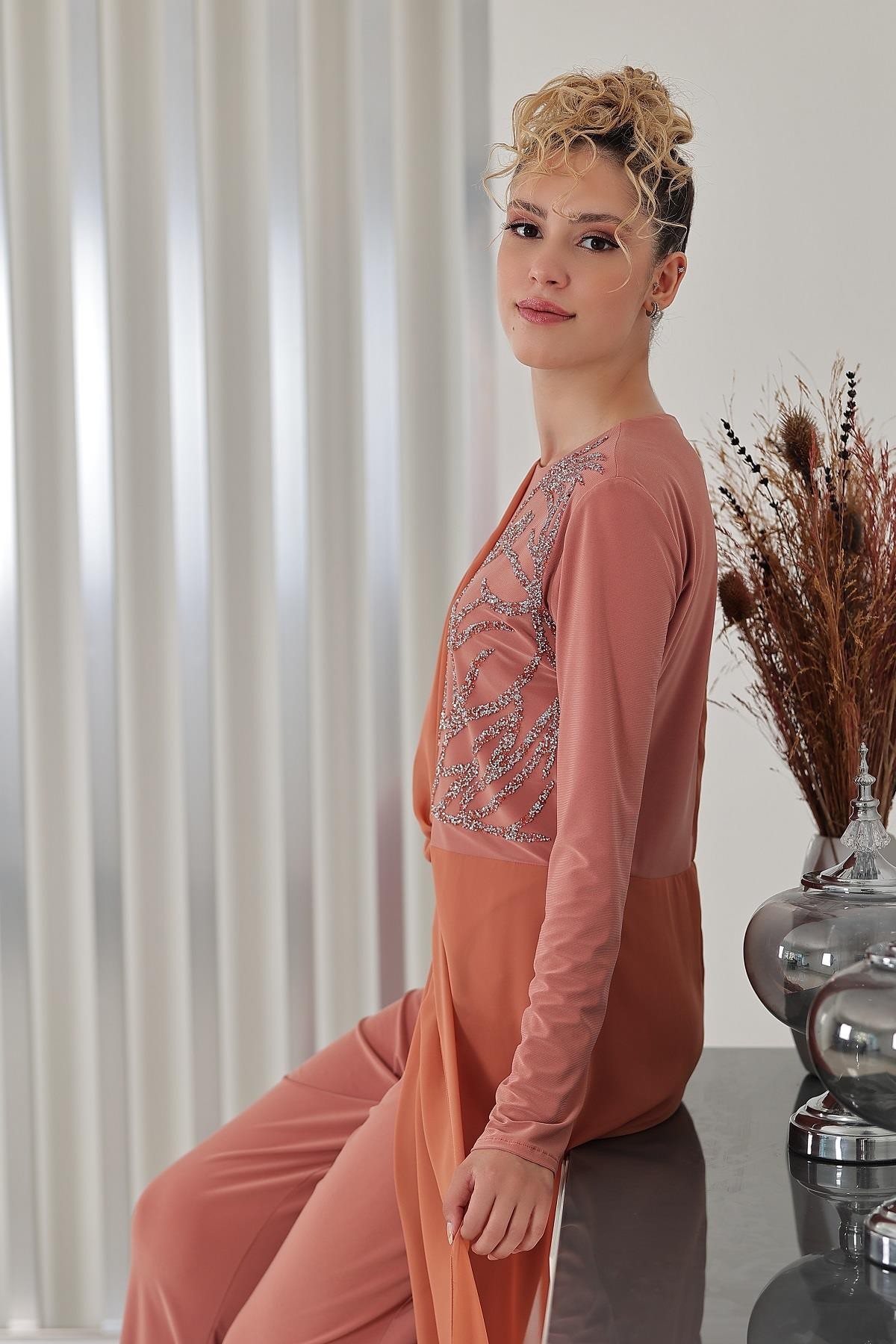 Stone Detailed Chiffon Zeren Hijab Jumpsuit Onion Skin