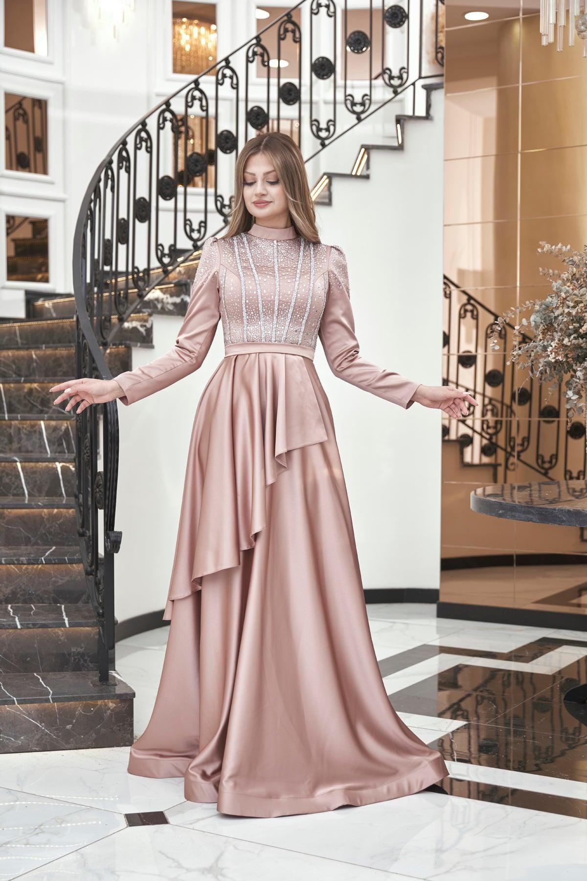Fiona Hijab Evening Dress - Powder