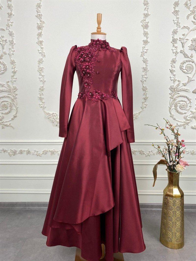 İnci Hijab Evening Dress - Claret Red