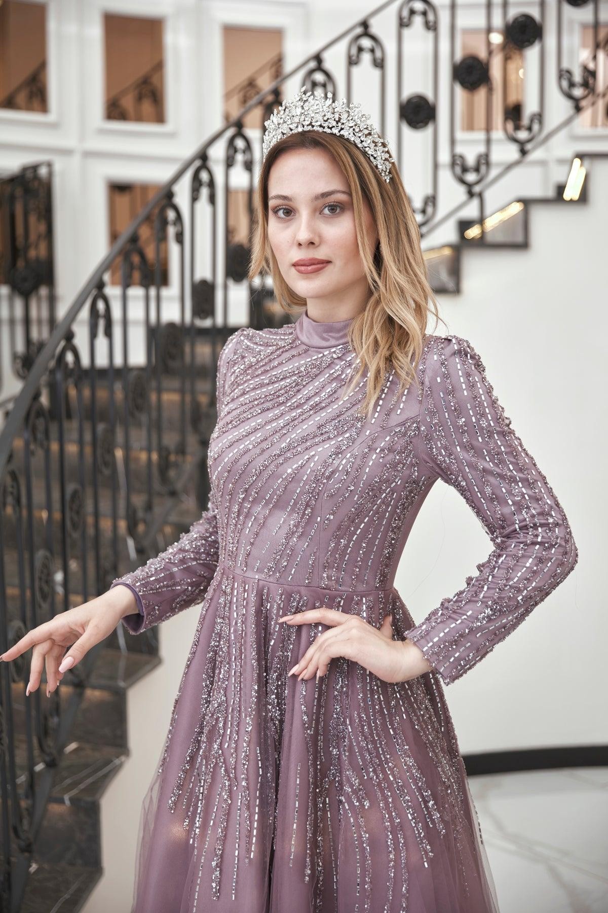 Anna Midi Stoned Hijab Evening Dress Lilac
