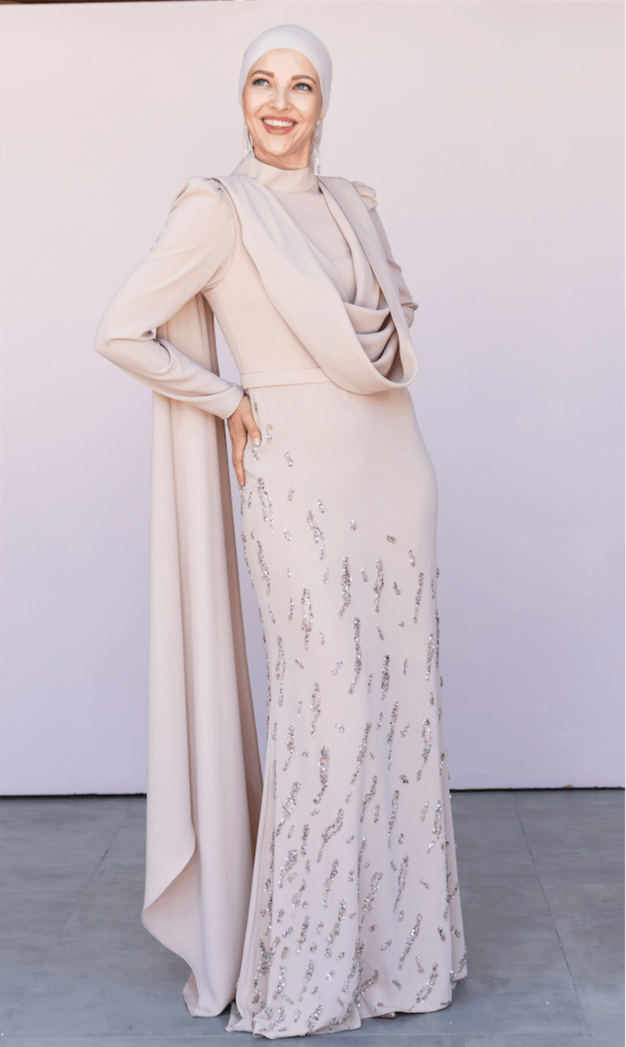 Lace Collar Hijab Evening Dress with Shawl - Cream