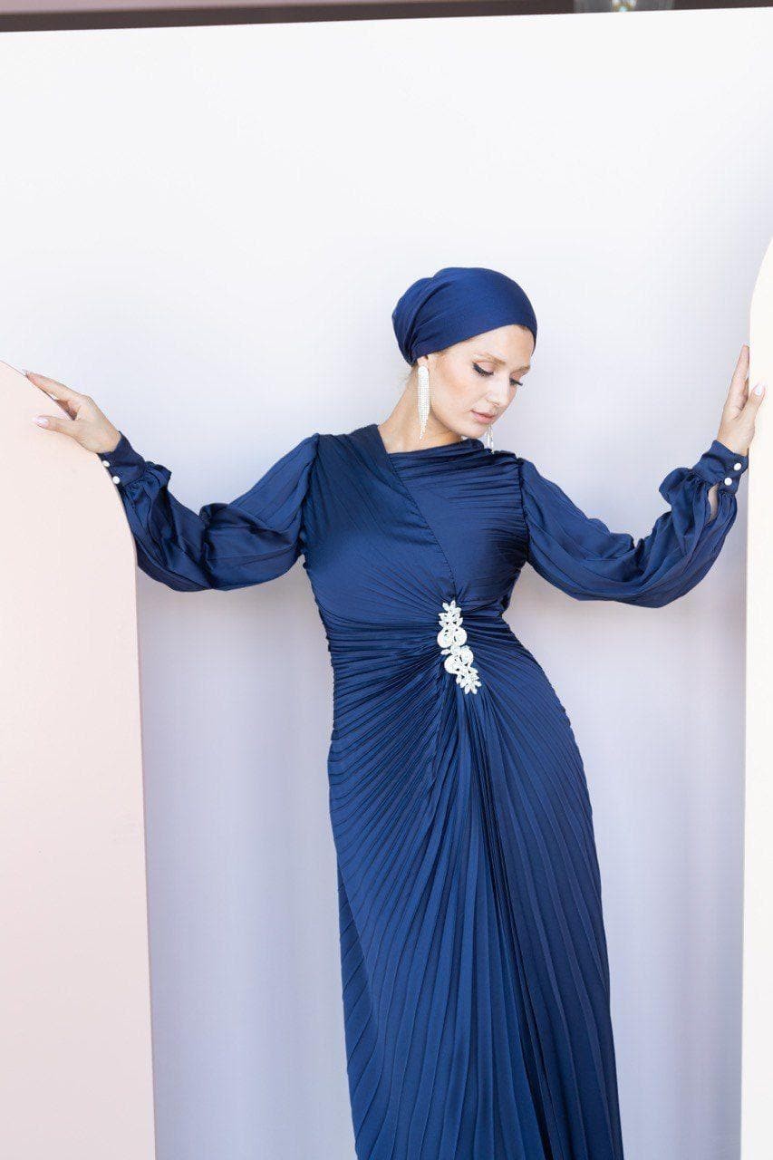 Pilise Hijab Evening Dress with Stone Waist - Navy Blue