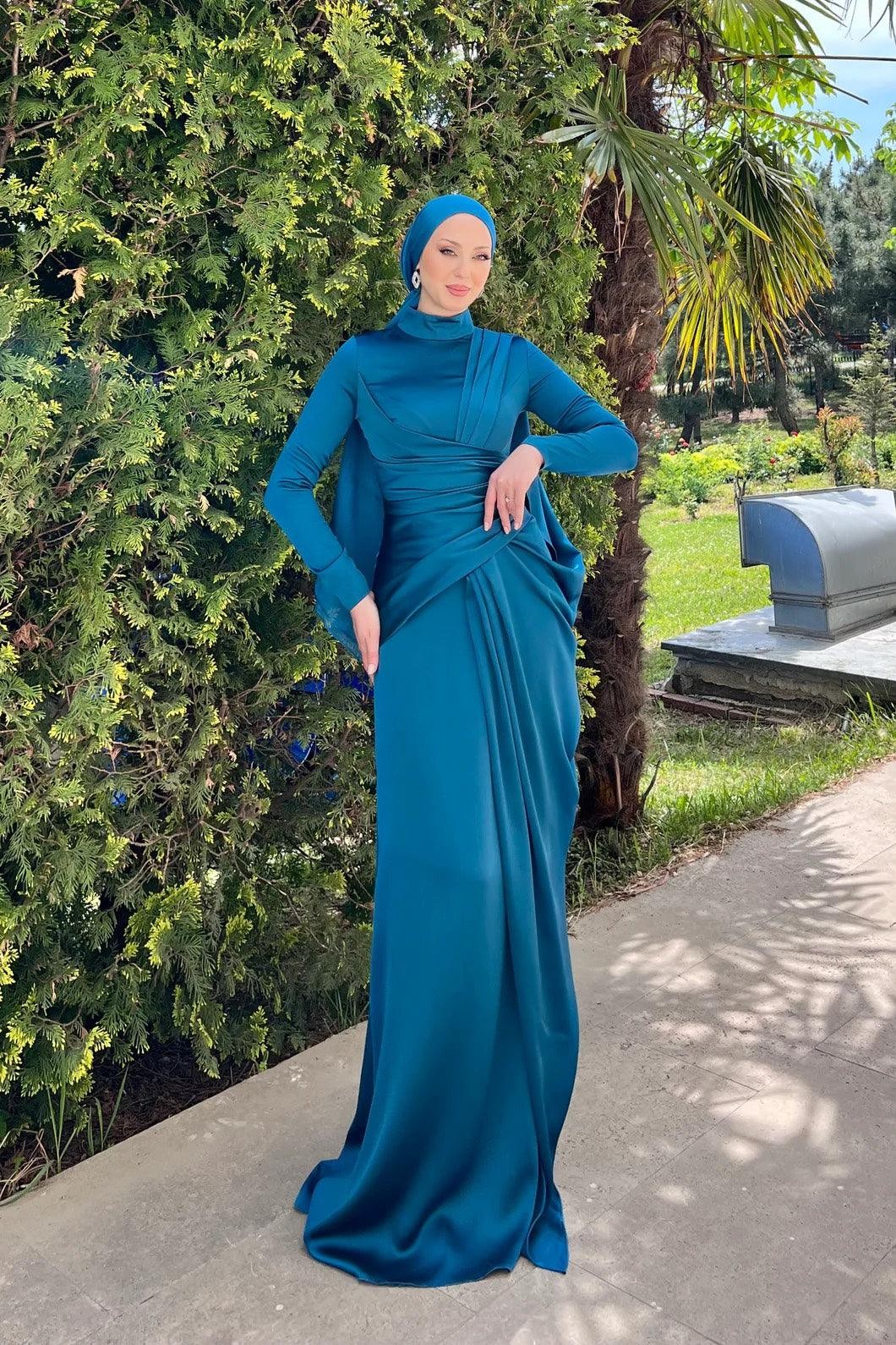 Hercai Hijab Evening Dress - Petrol