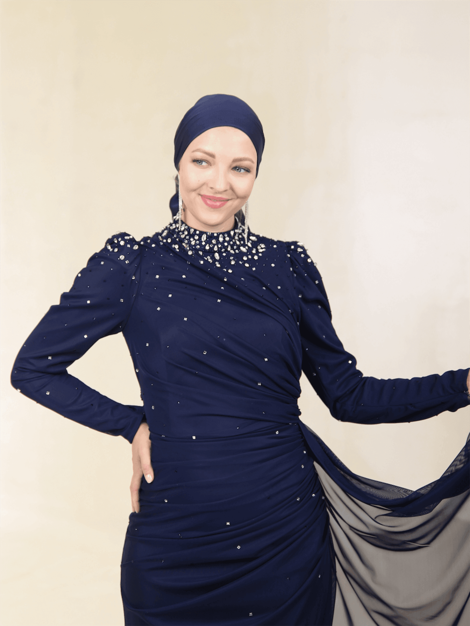 Stoneart Hijab Evening Dress - Navy Blue