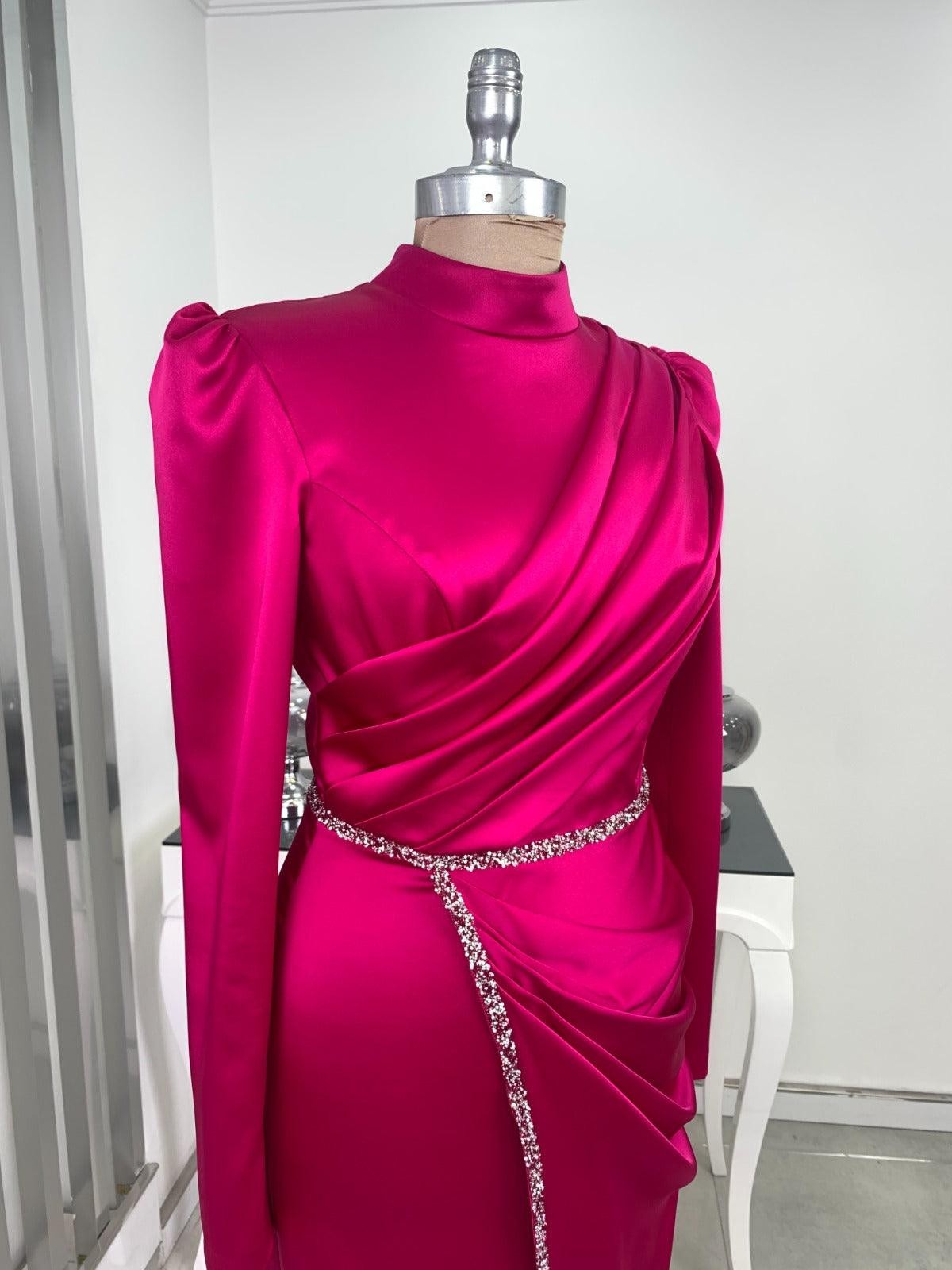 Elif Satin Hijab Evening Dress - Fuchsia