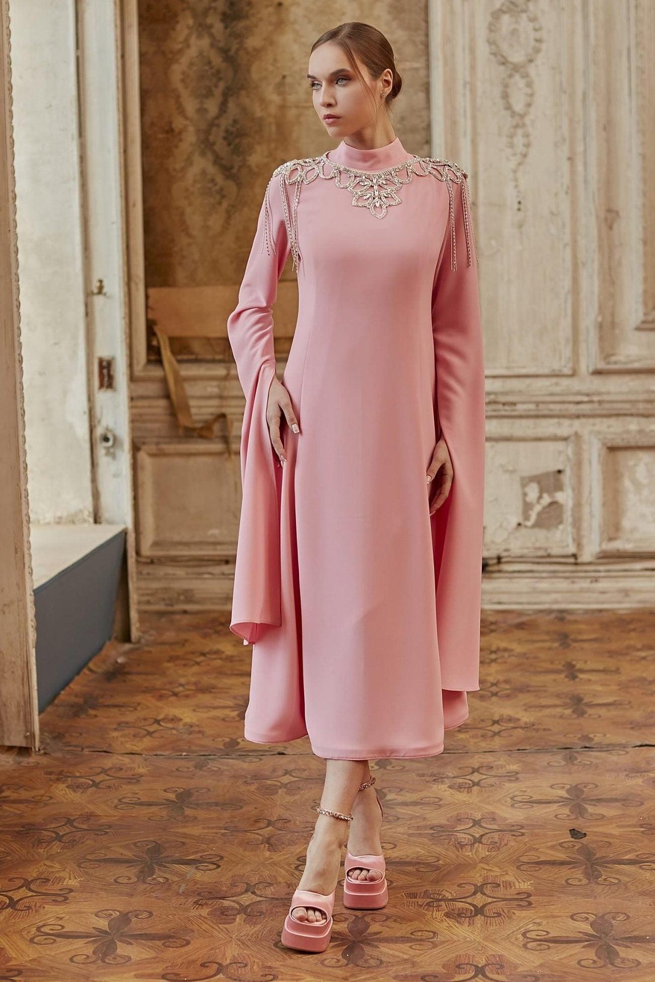 Pink Cape Sleeve Hijab Dress