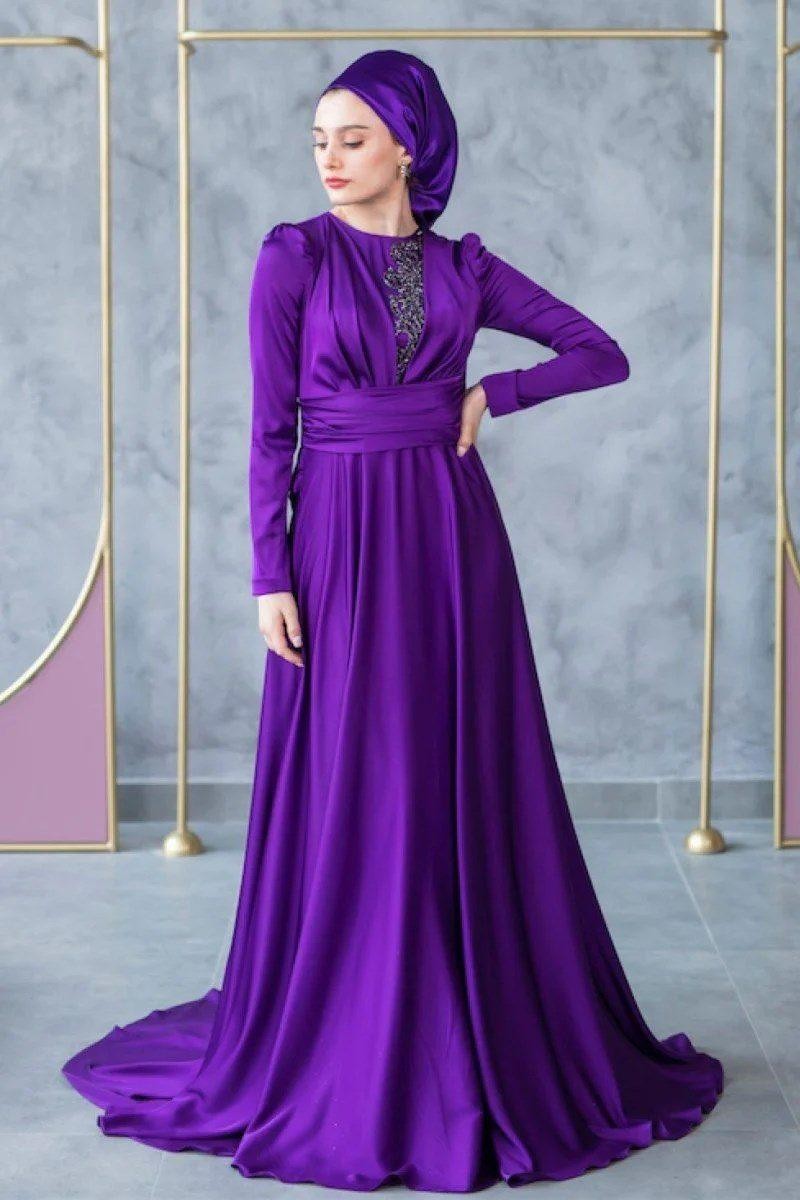 Silk Hijab Evening Dress - Purple