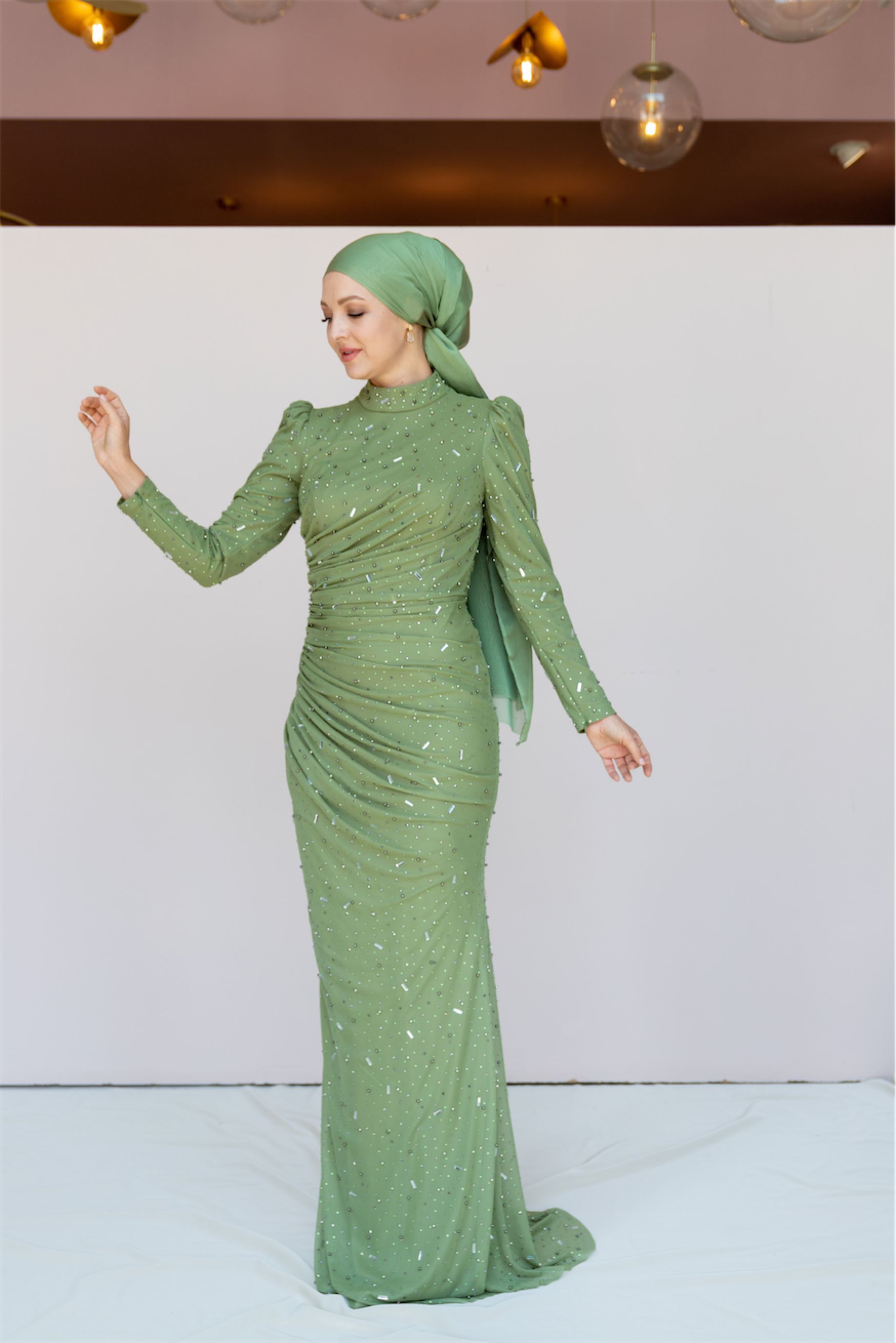 Stone Hijab Evening Dress - Black - Green