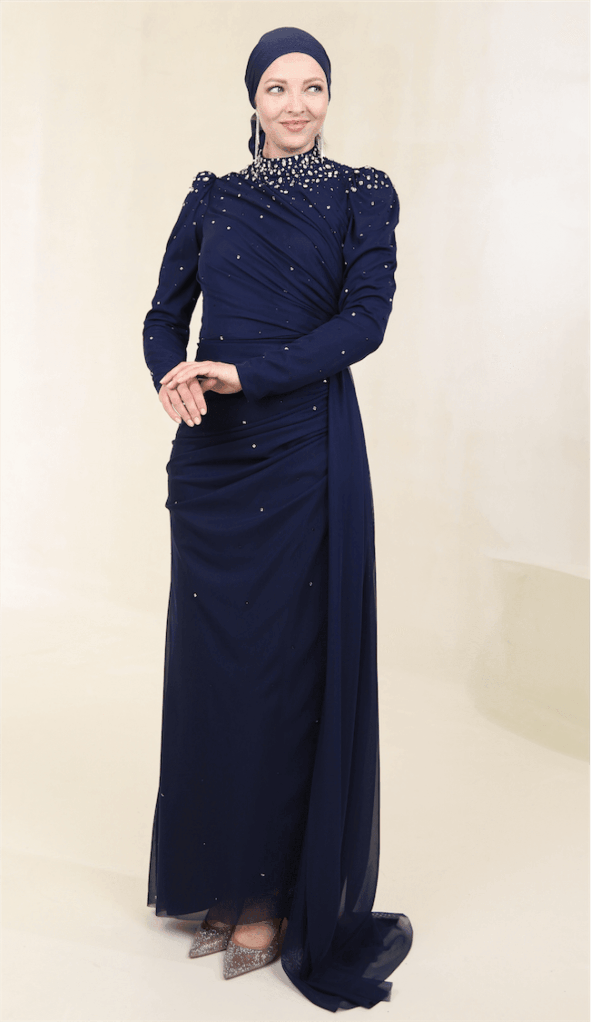 Stoneart Hijab Evening Dress - Navy Blue