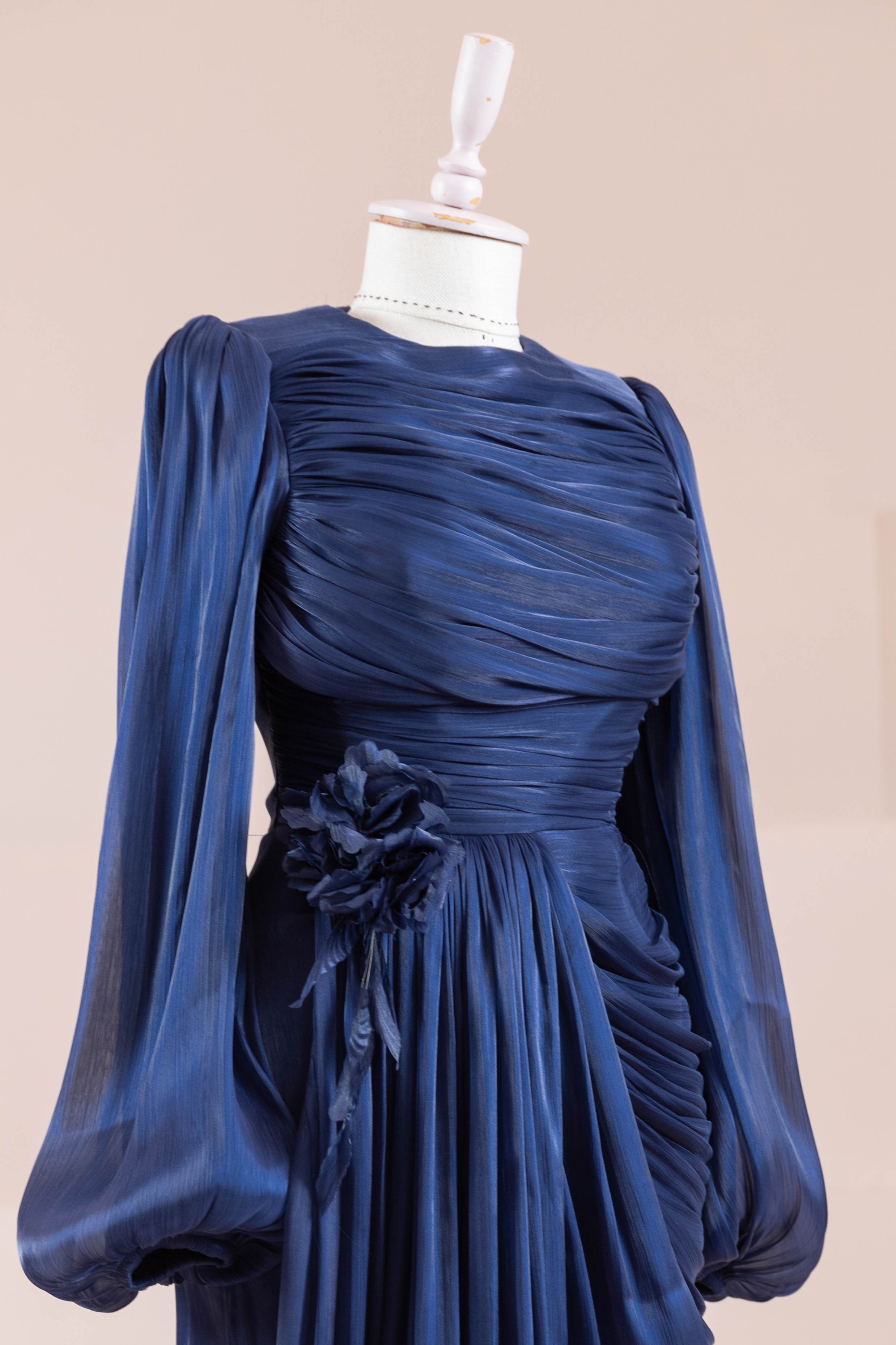 Çiçekli Lotus Tesettür Abiye - Navy Blue