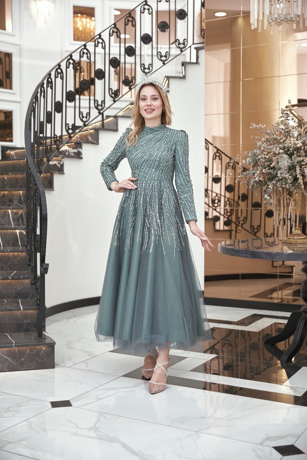 Anna Midi Stoned Hijab Evening Dress Mint