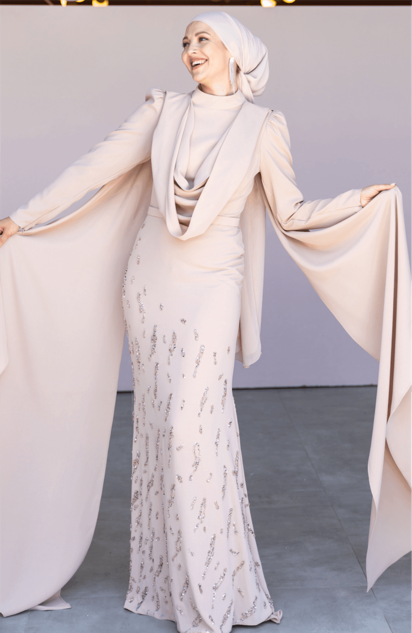 Lace Collar Hijab Evening Dress with Shawl - Cream