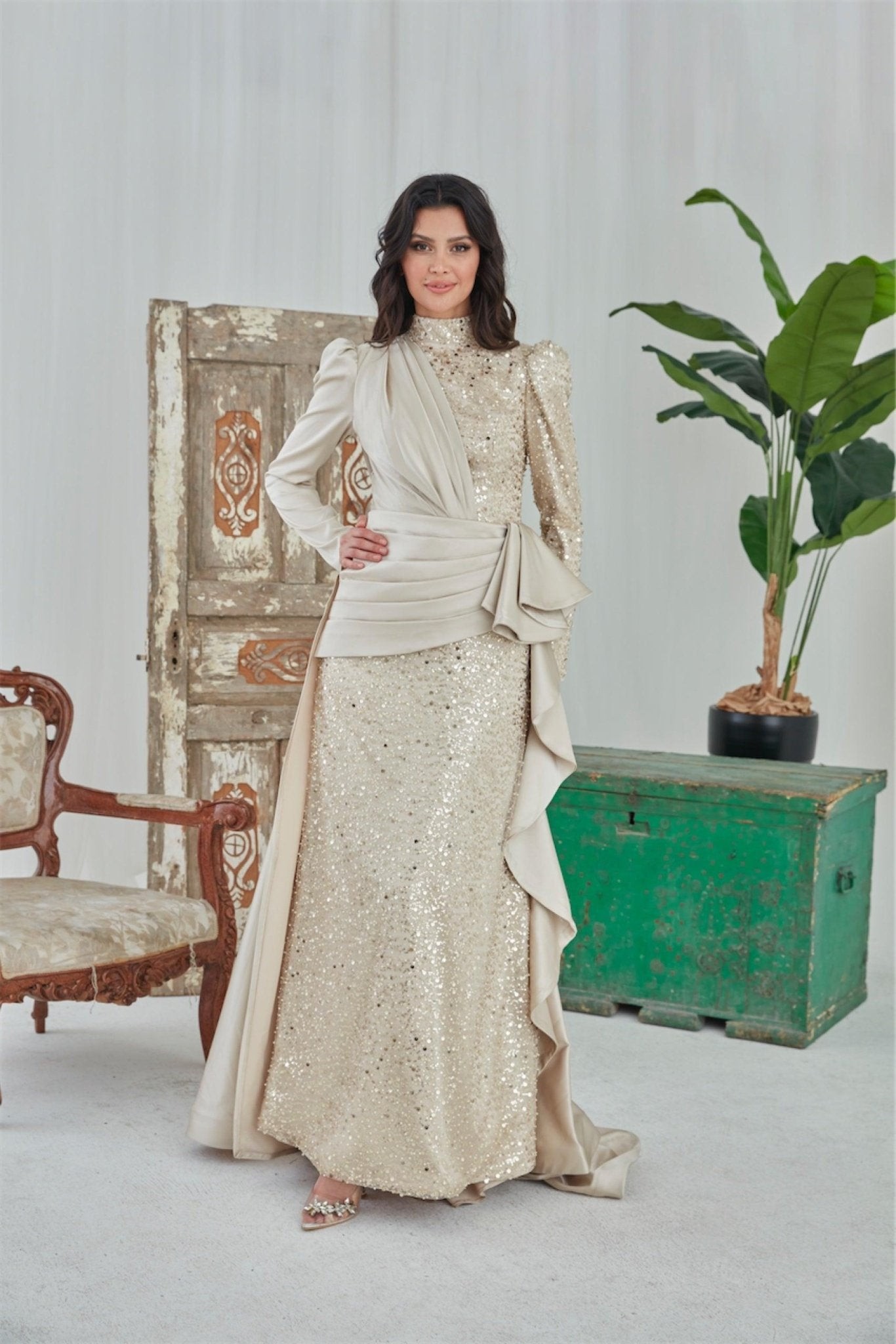 Damla Hijab Abendkleid – Creme