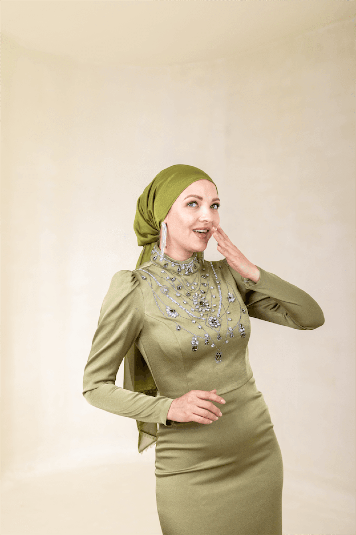 Irene Hijab Evening Dress - Oil Green