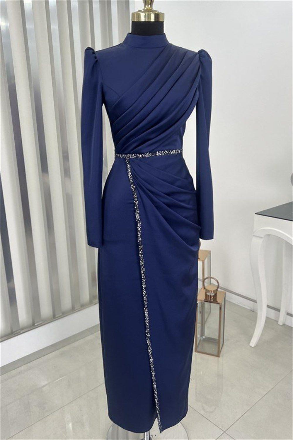 Elif Satin Hijab Evening Dress - Navy Blue