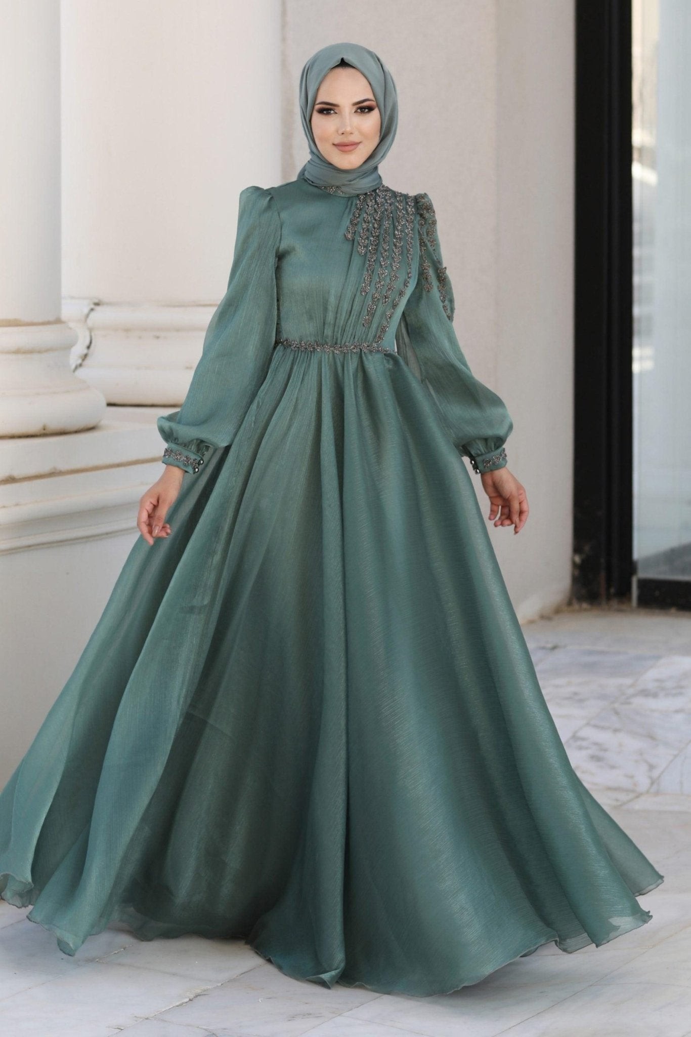 Helen Chiffon Hijab Evening Dress - Çağla