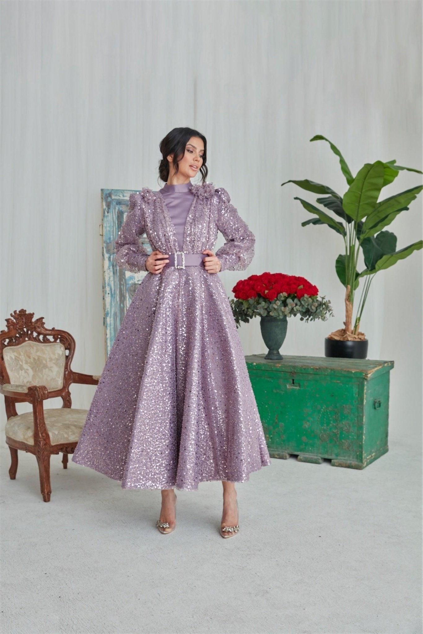 Flowers Hijab Evening Dress - Lilac