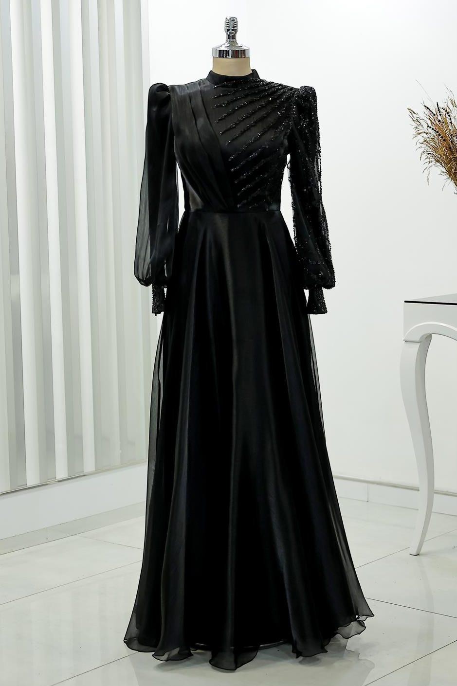 Organza Beaded Lace Embroidered Sun Hijab Evening Dress Black