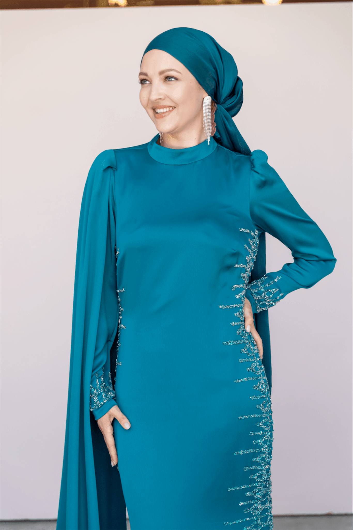 One Shoulder Cape Hijab Evening Dress - Petrol