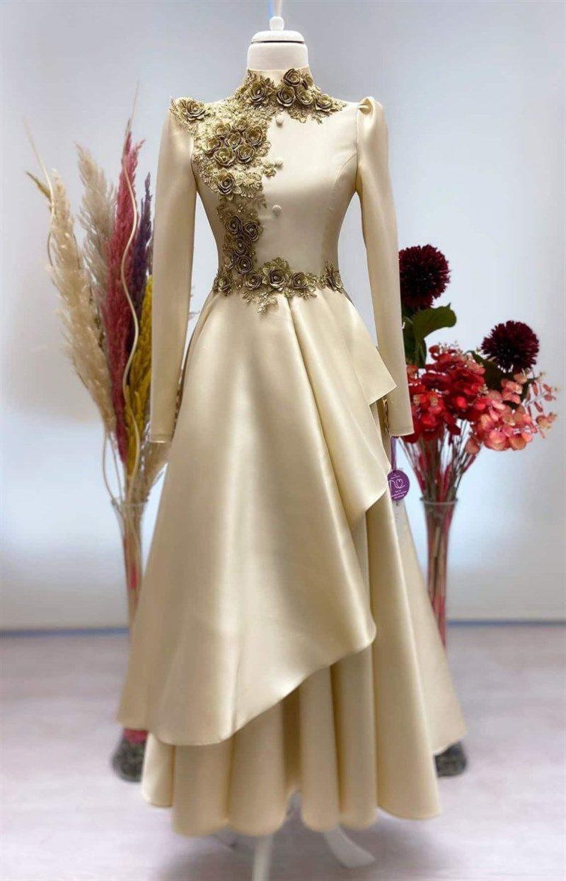 Pearl Hijab Evening Dress - Gold