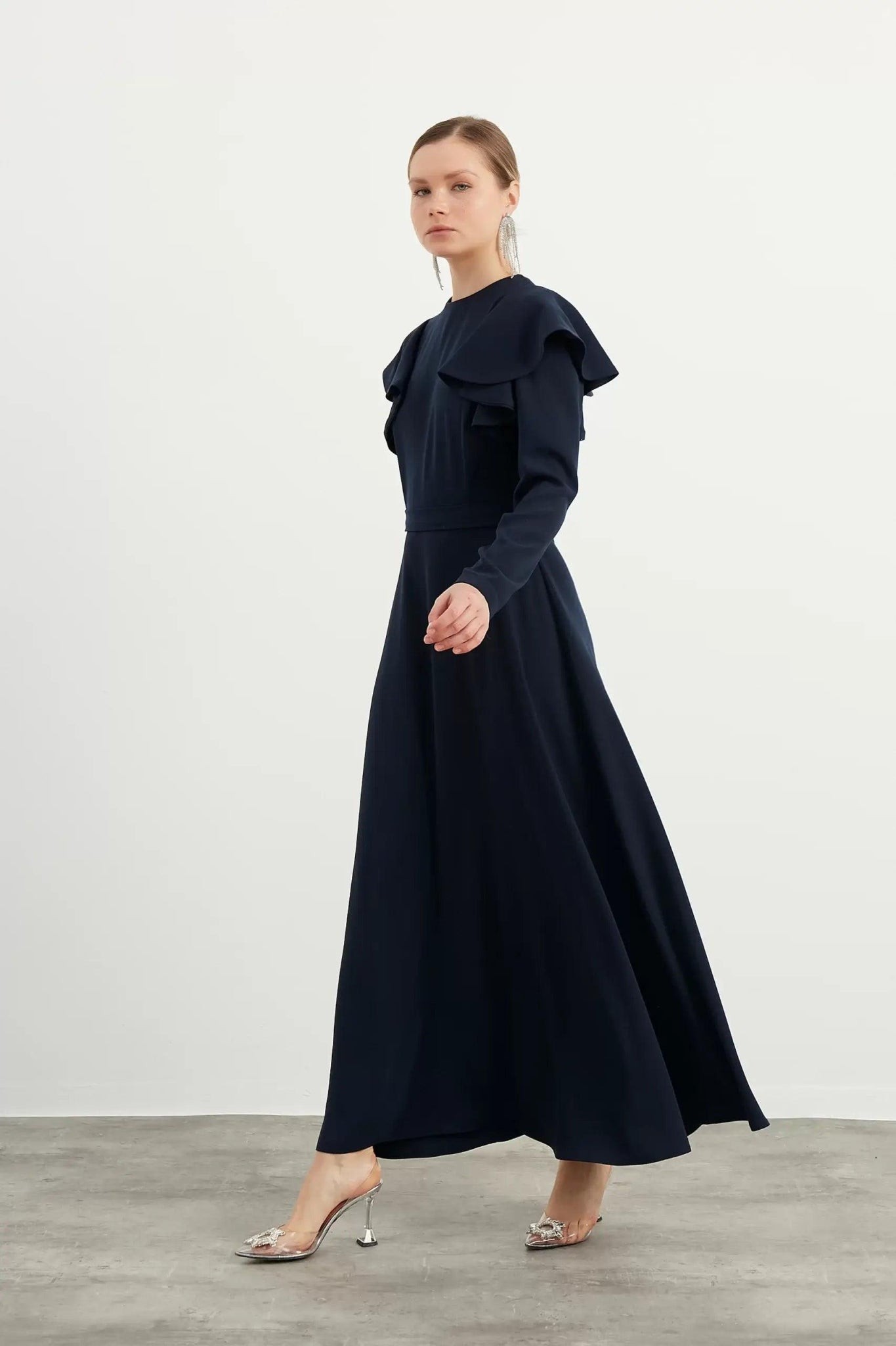 Navy Blue Ruffle Detailed Evening Dress