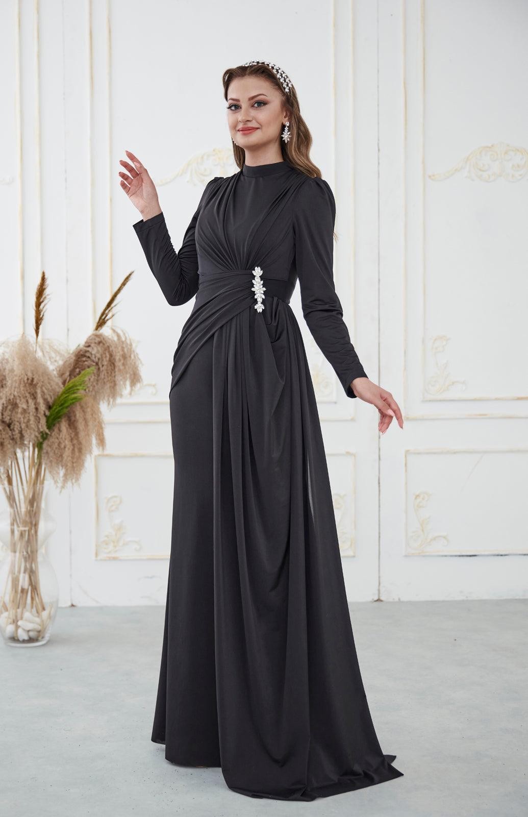 Simay Hijab Evening Dress - Black