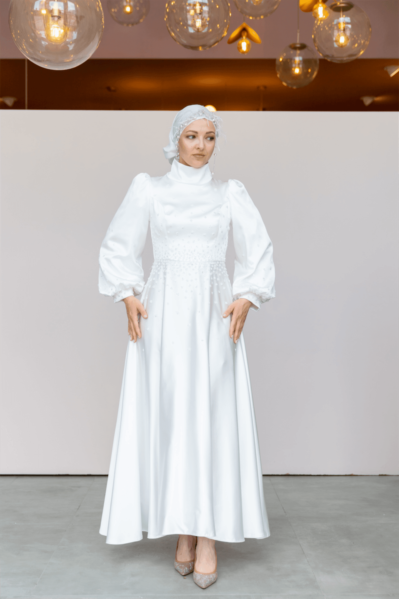 Neck Hijab Evening Dress - White