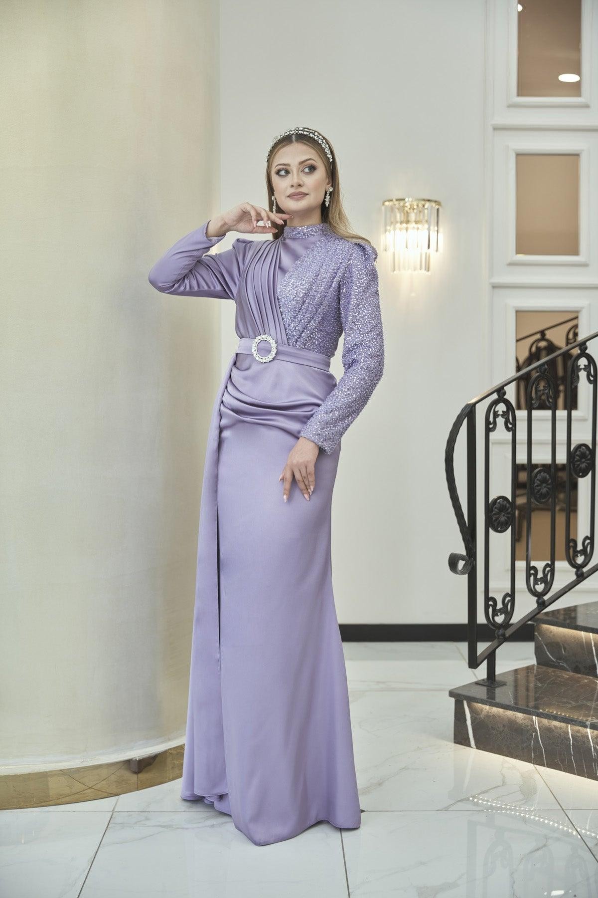 Silk Hijab Evening Dress - Lilac