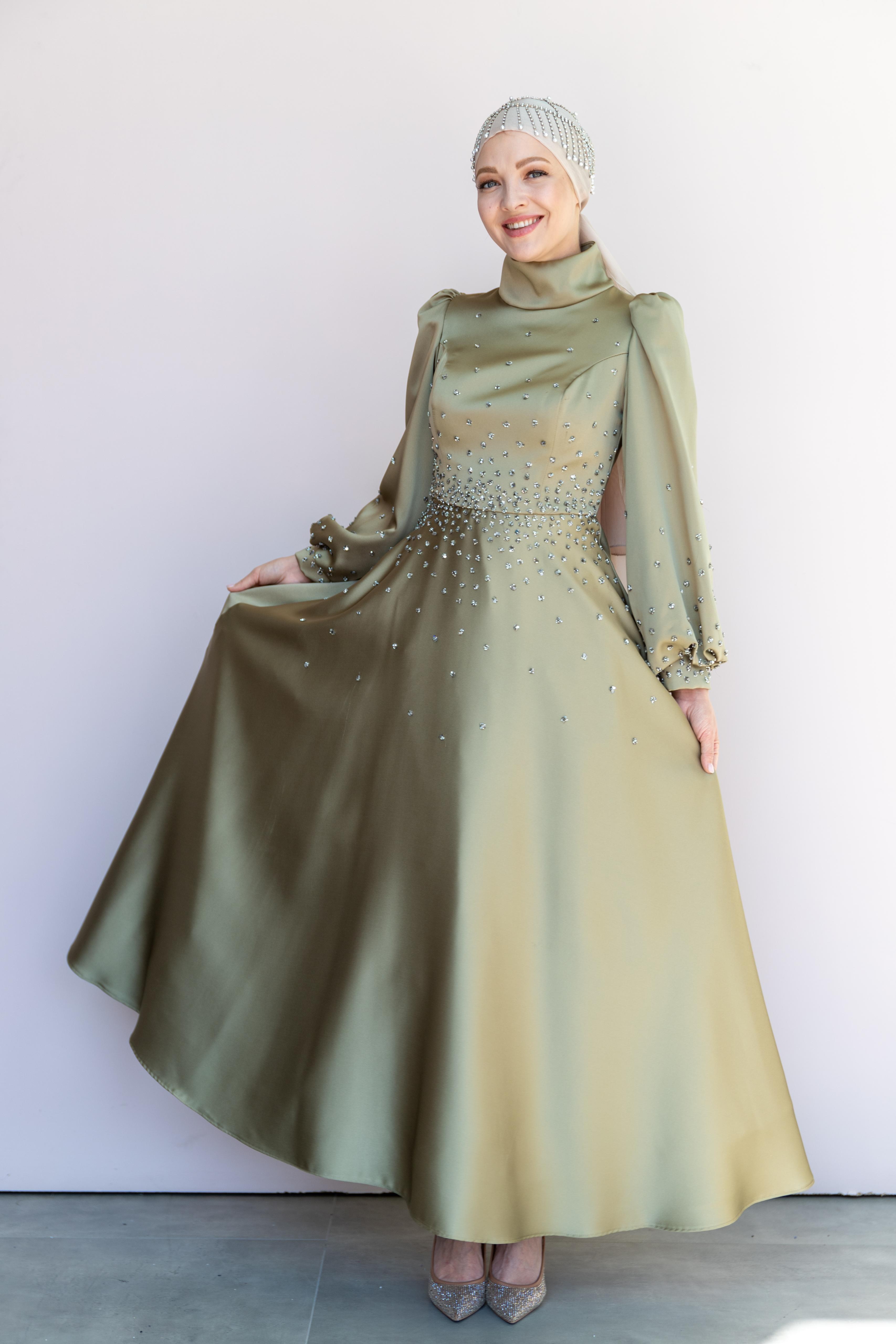 Neck Hijab Evening Dress - White - Oil Green