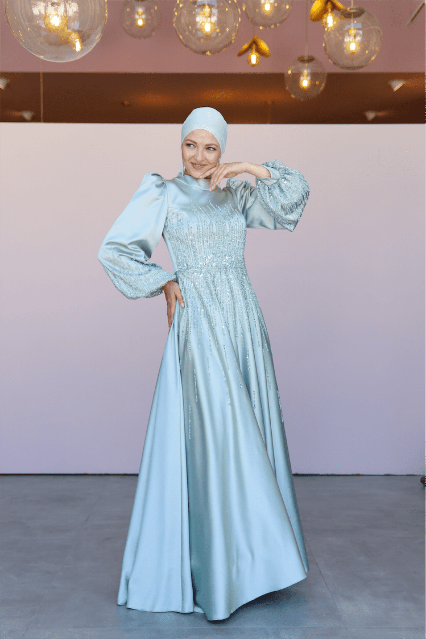 Water Hijab Evening Dress - Water Green