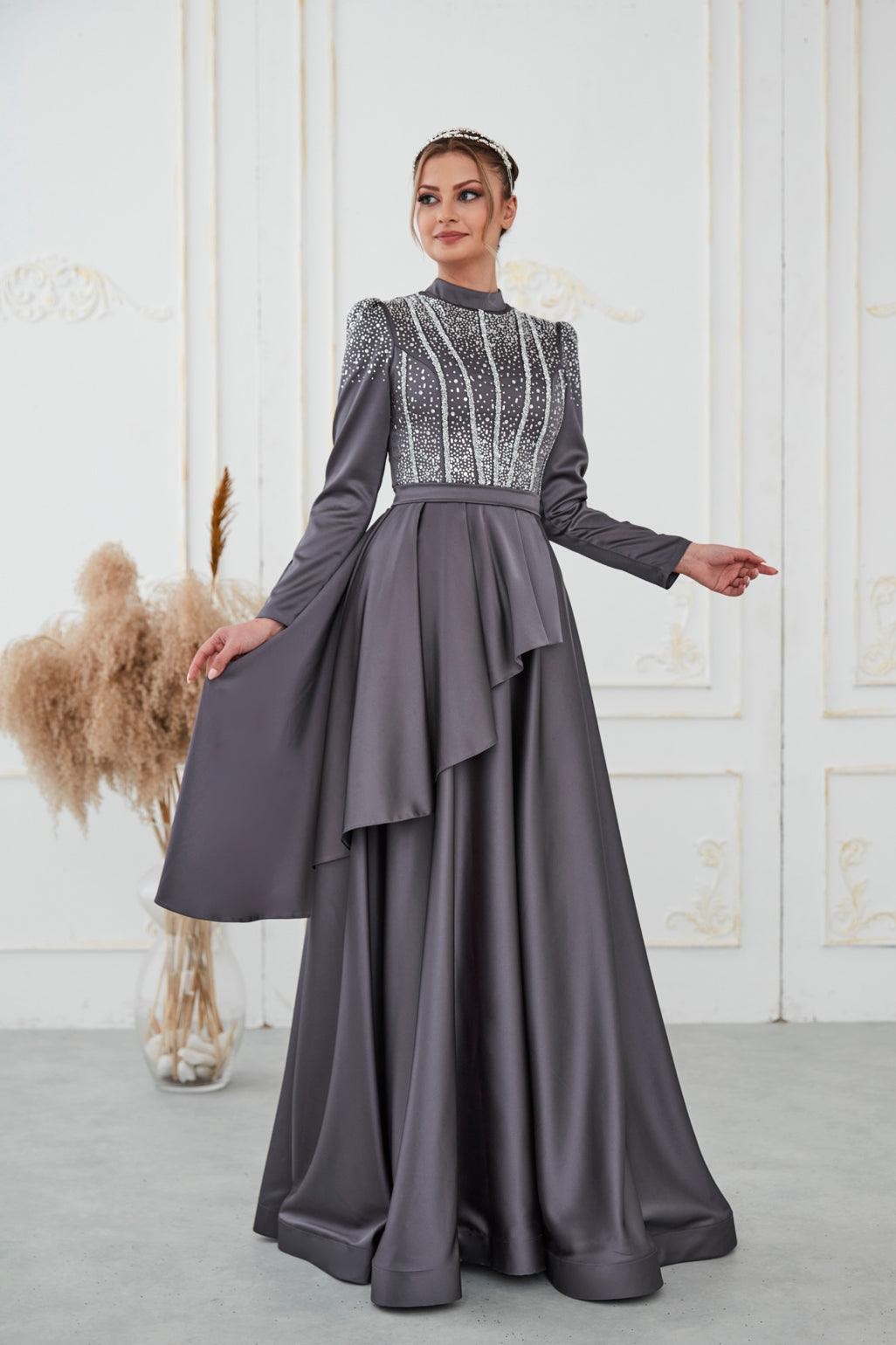 Fiona Hijab Evening Dress - Gray