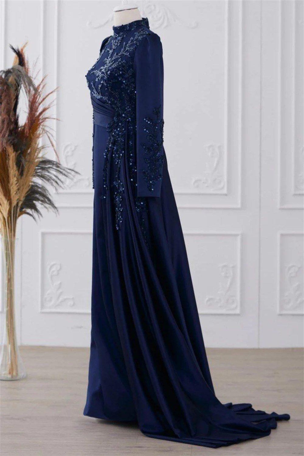 Talisman Hijab Evening Dress - Navy Blue