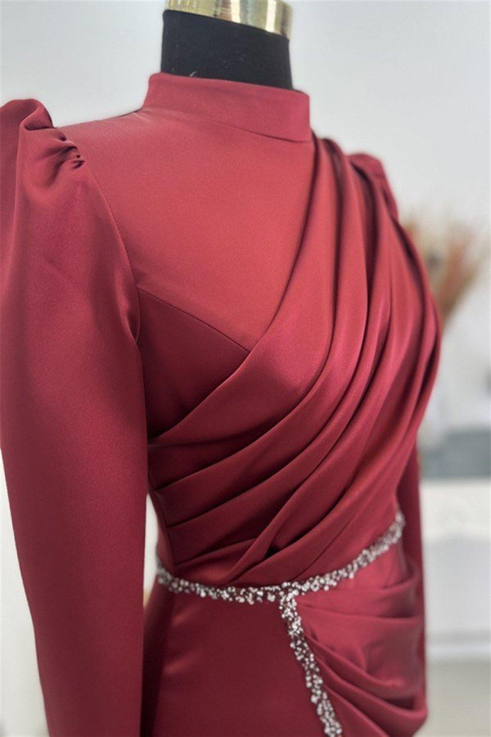 Elif Satin Hijab Evening Dress - Claret Red