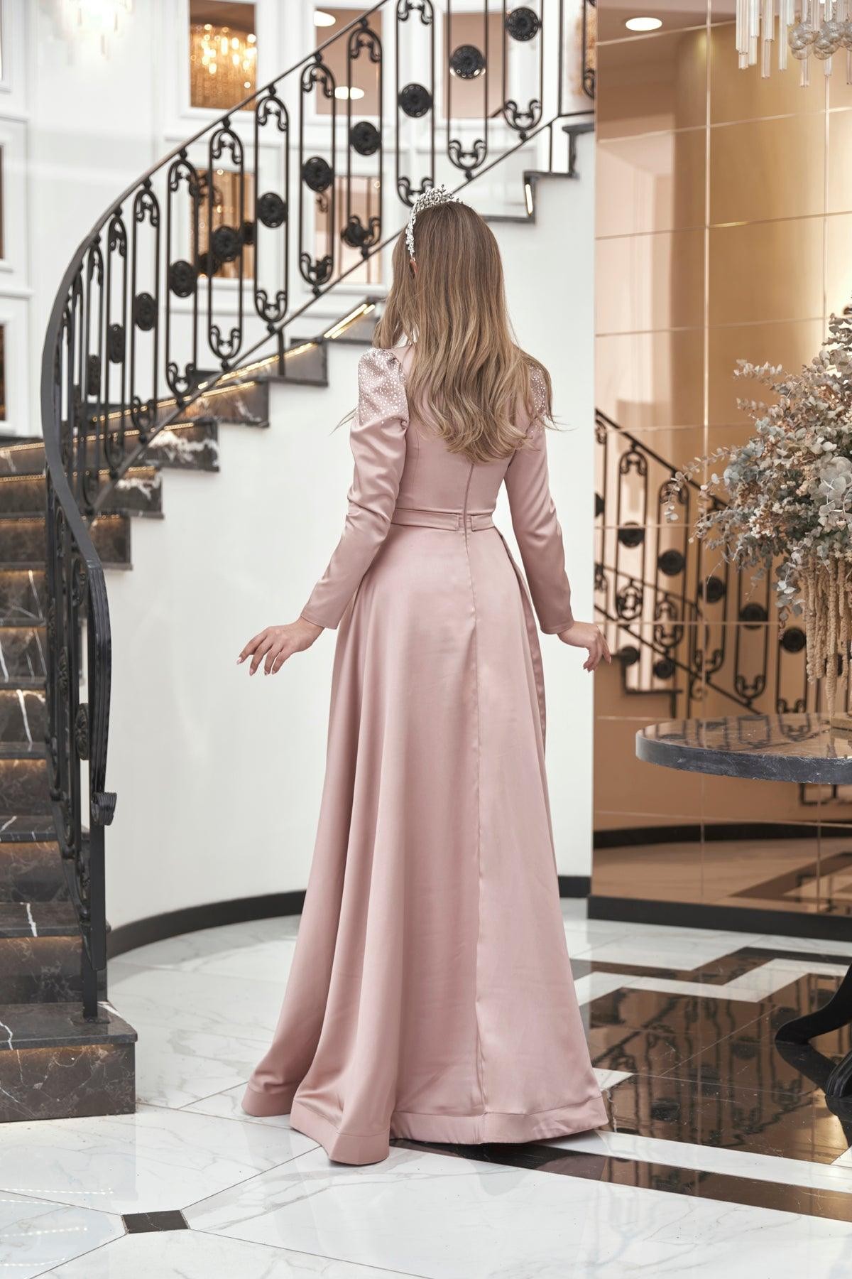 Fiona Hijab Evening Dress - Powder