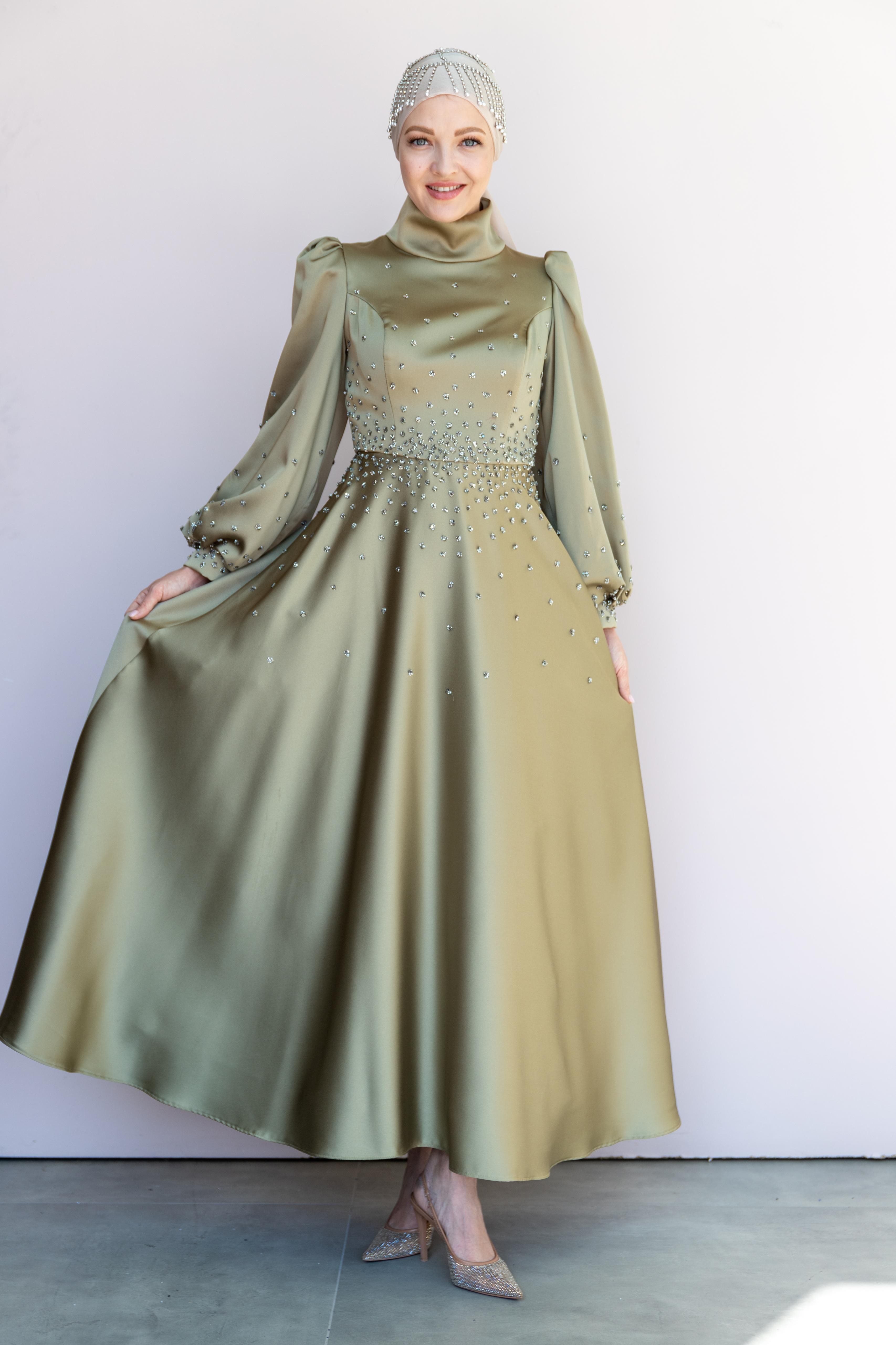 Neck Hijab Evening Dress - White - Oil Green