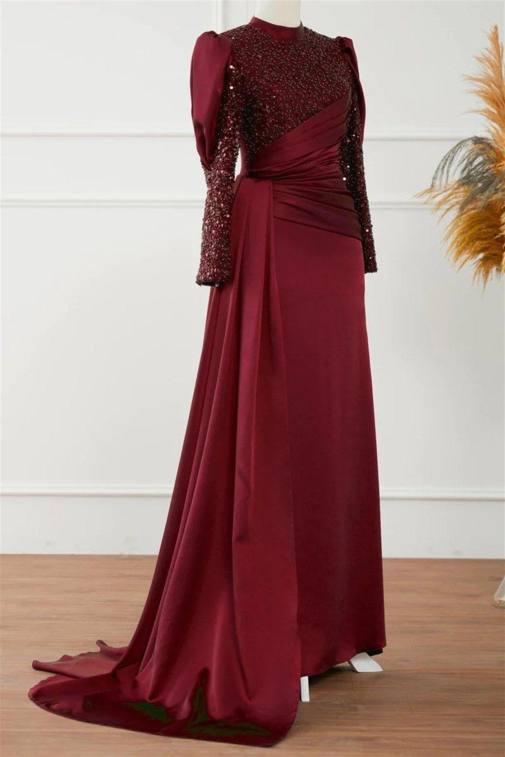 Karel Hijab Evening Dress - Claret Red