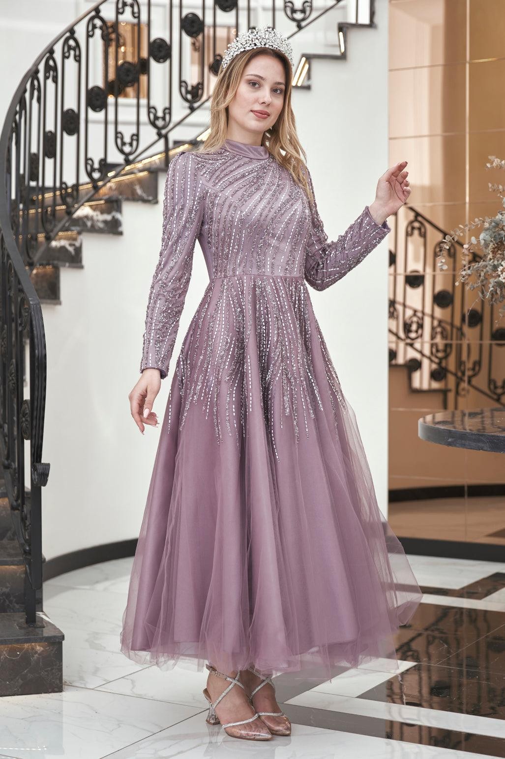 Anna Midi Stoned Hijab Evening Dress Lilac