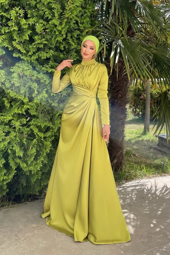 Berra Satin Hijab Evening Dress - Oil Green