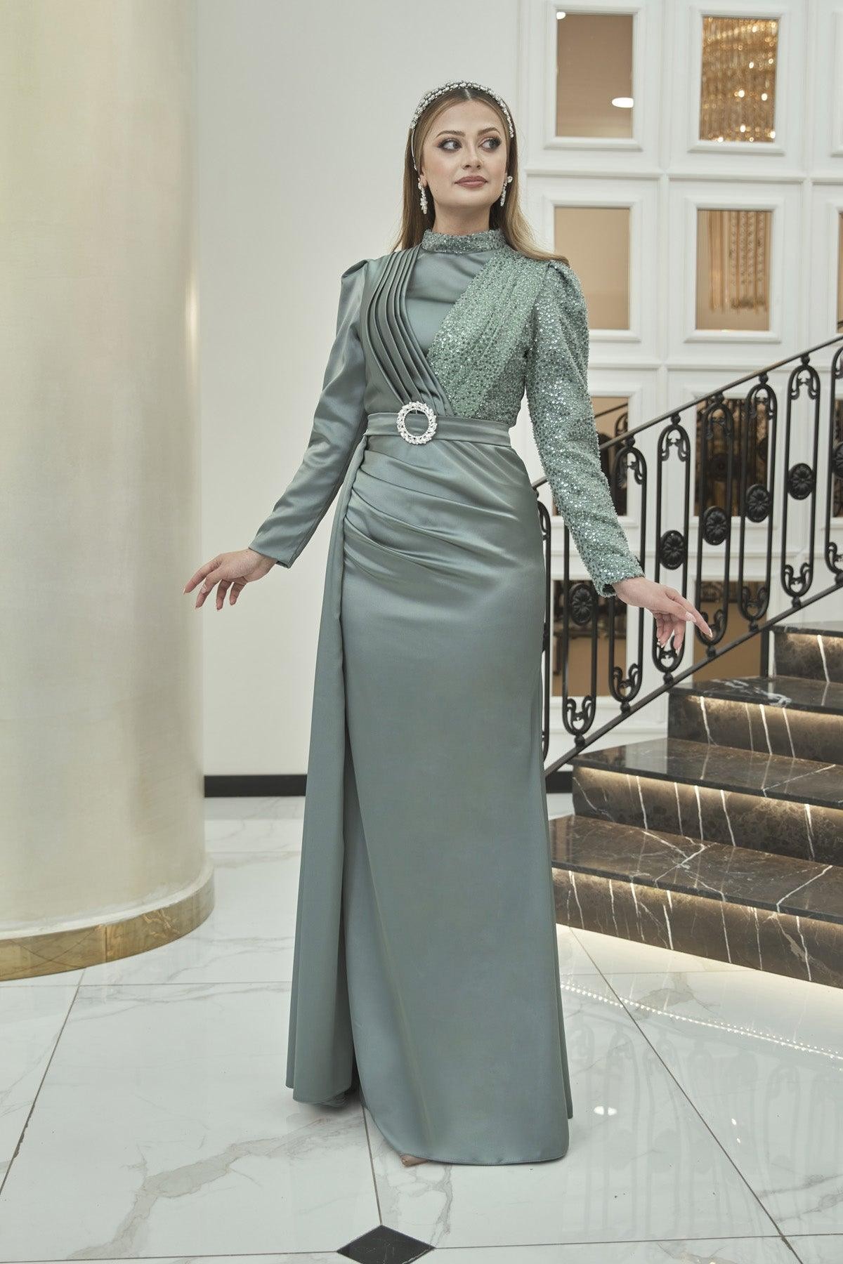 Silk Hijab Evening Dress - Mint