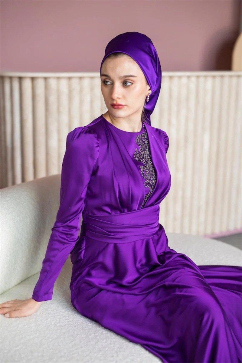 Silk Hijab Evening Dress - Purple