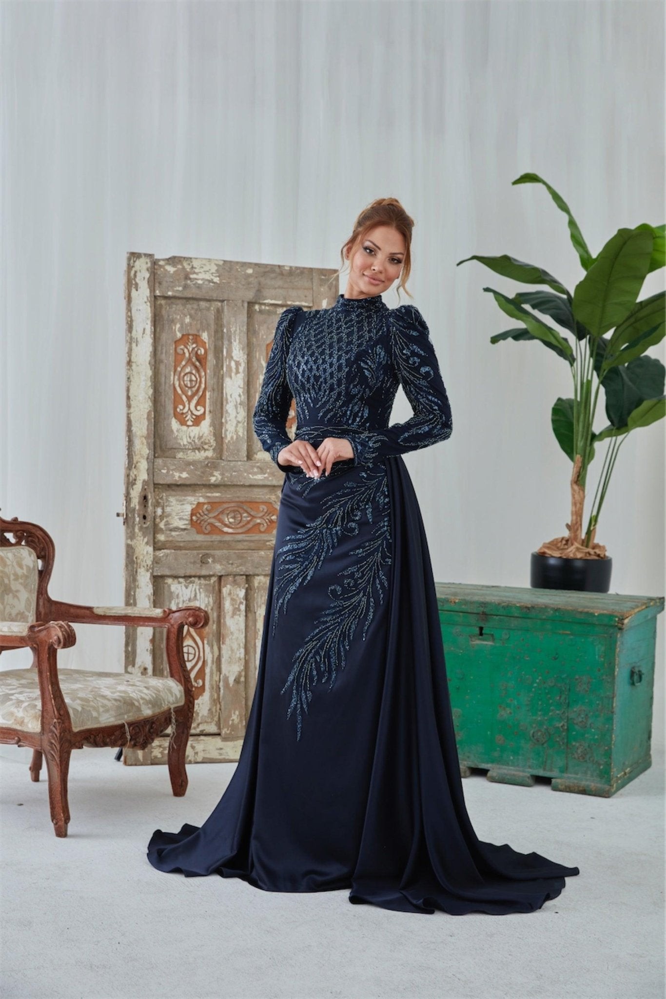 Darla Hijab Evening Dress - Navy Blue