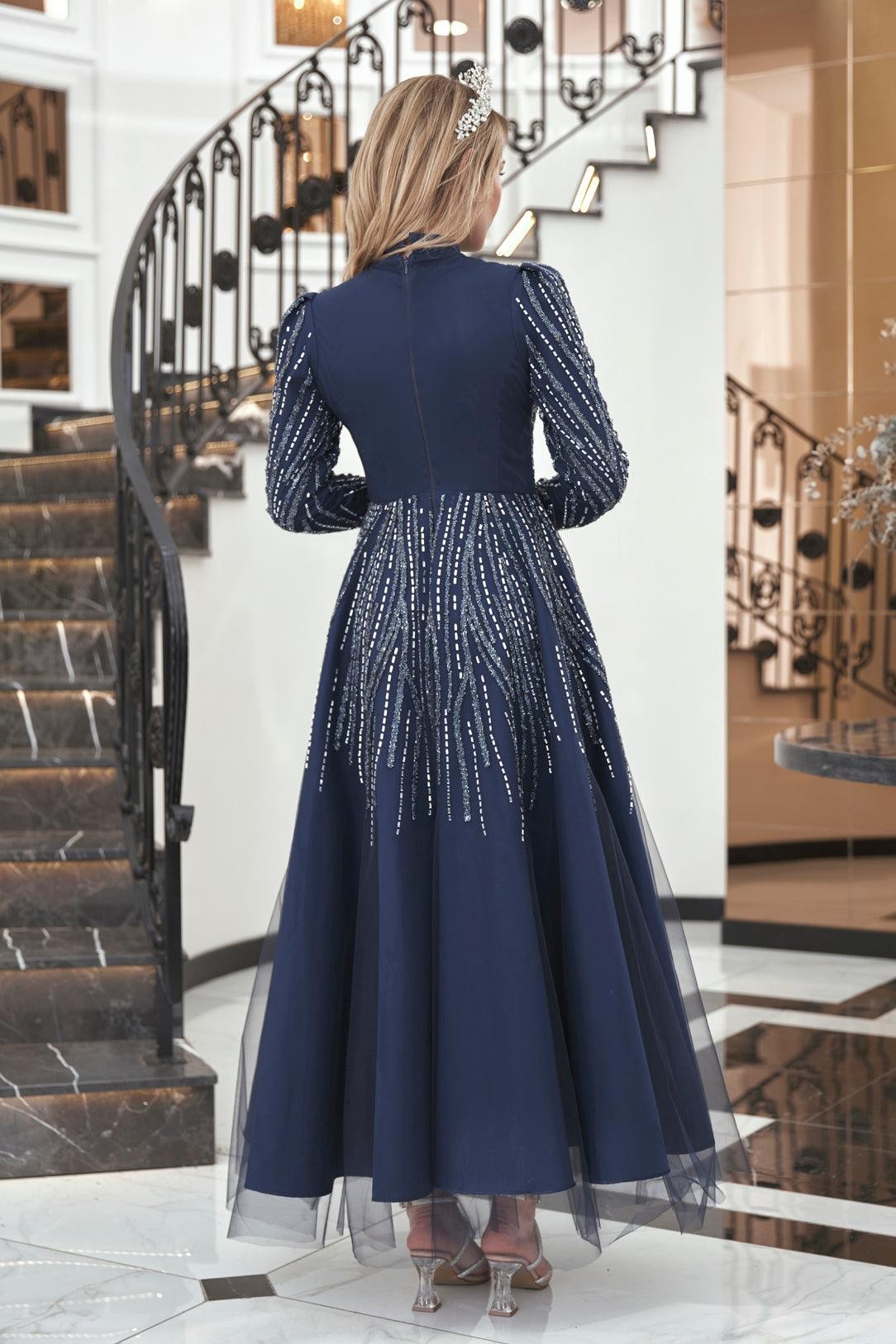 Anna Midi Stoned Hijab Evening Dress Navy Blue