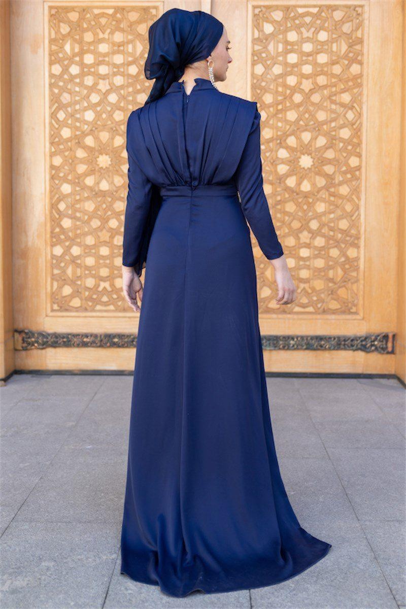 Stone Waist Hijab Evening Dress - Navy Blue