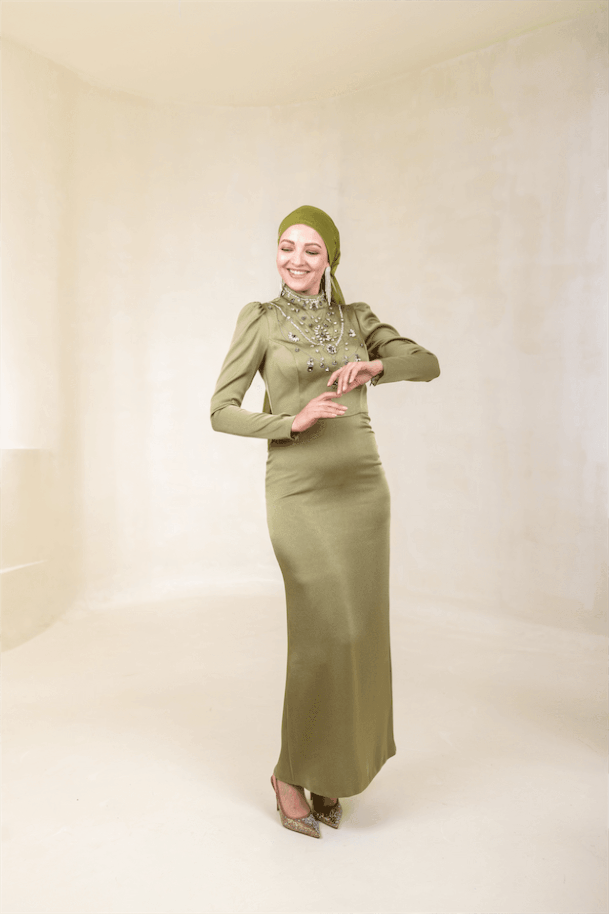 Irene Hijab Evening Dress - Oil Green