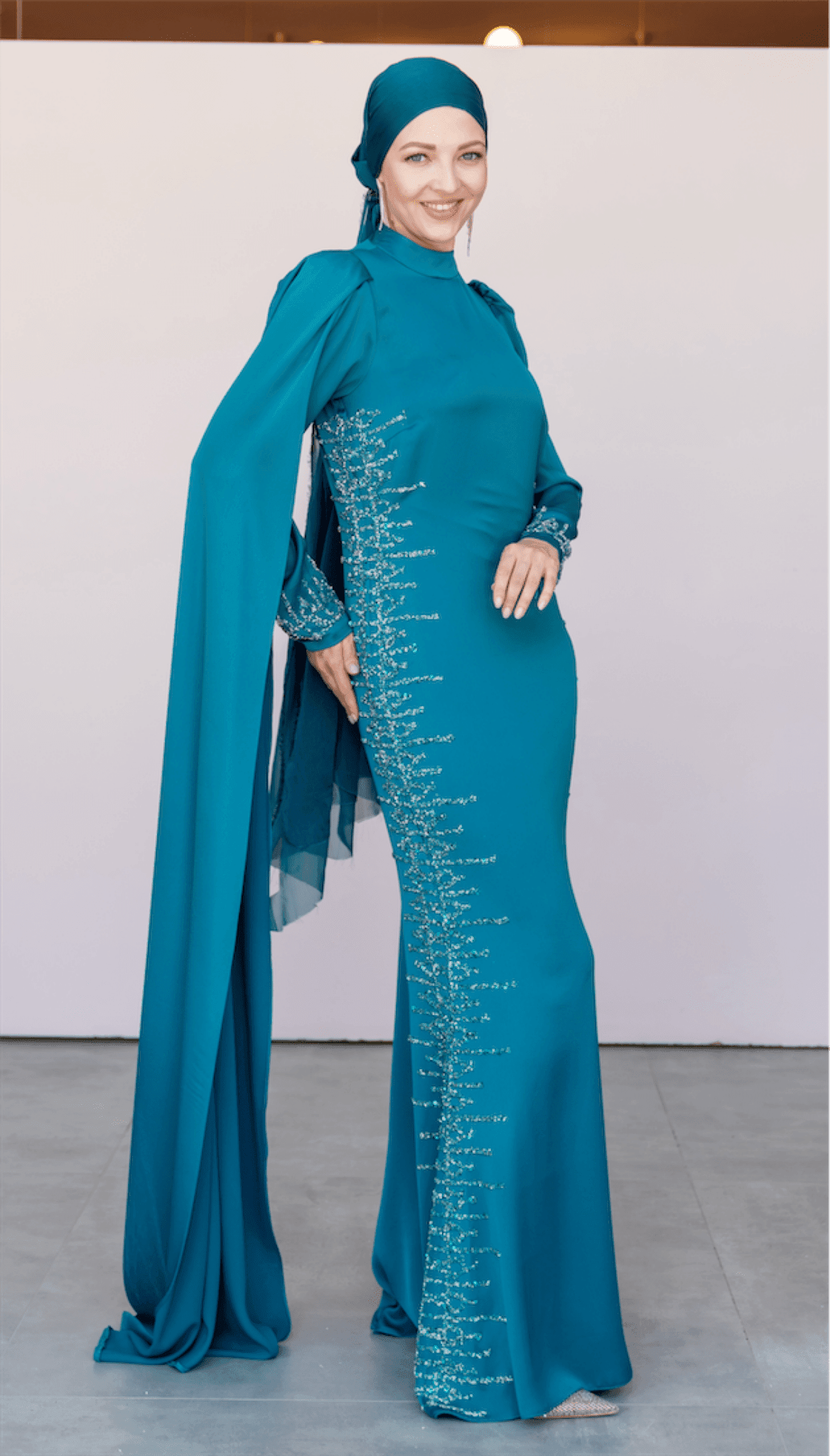 One Shoulder Cape Hijab Evening Dress - Petrol