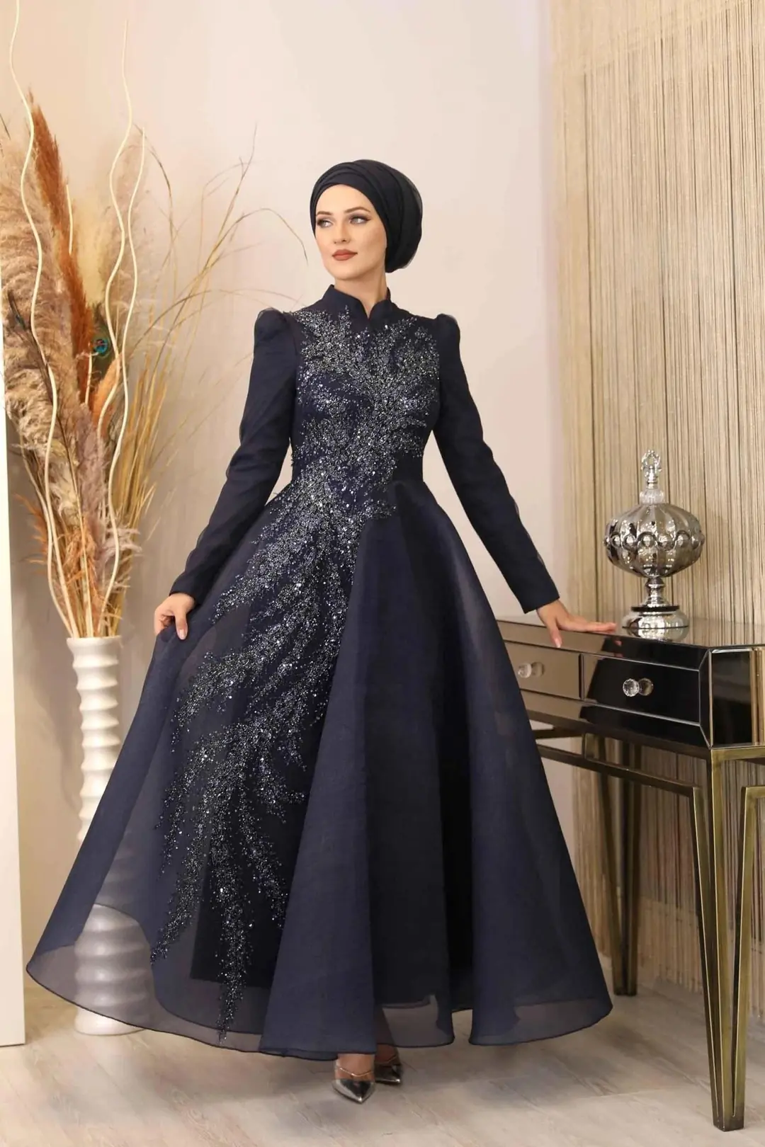 piennar modest evening dress product info and reviews Dream Front Darpe Beaded Embroidered Satin Hijab Evening Dresses Navy Blue