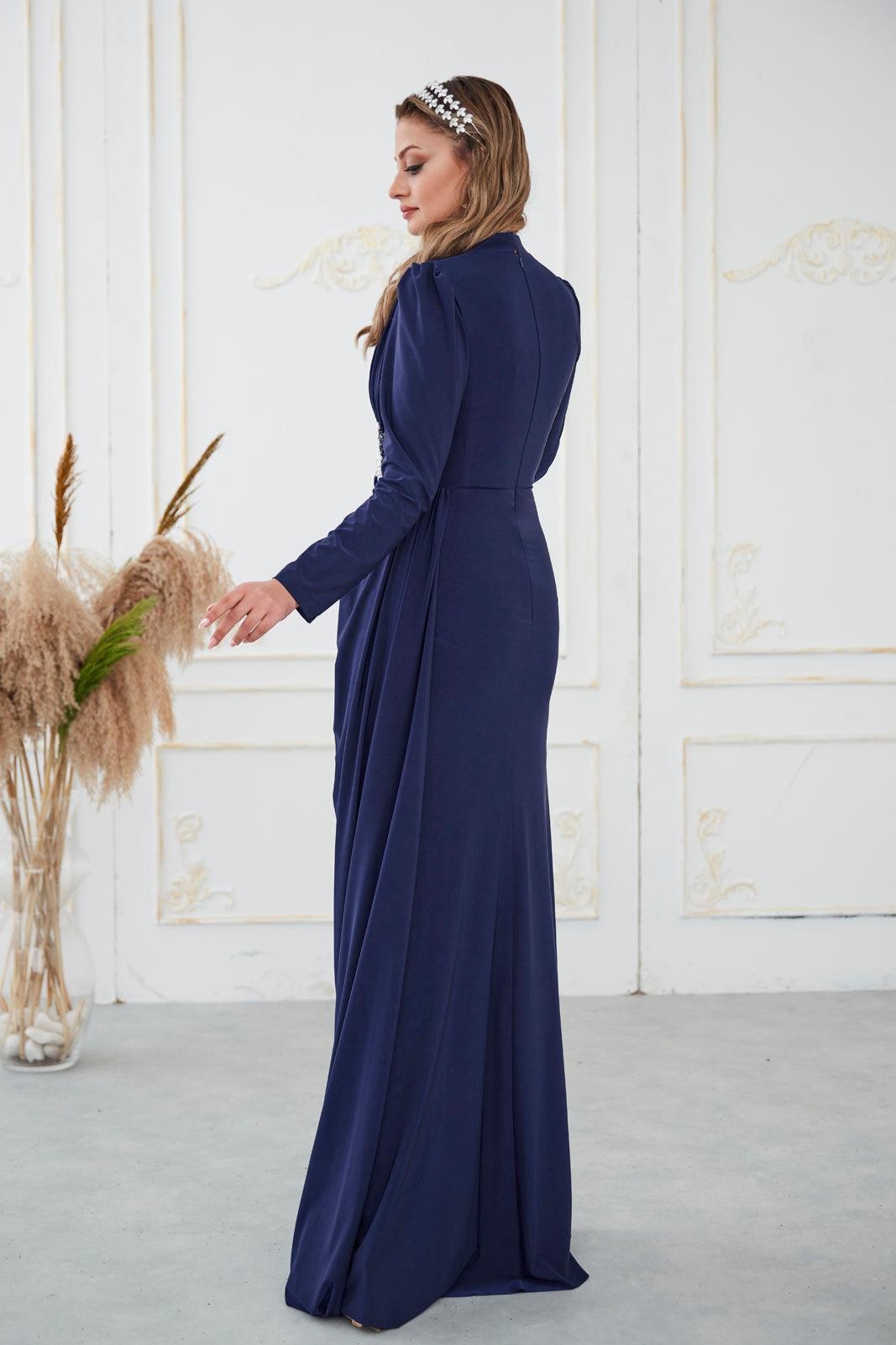 Simay Hijab Evening Dress - Navy Blue