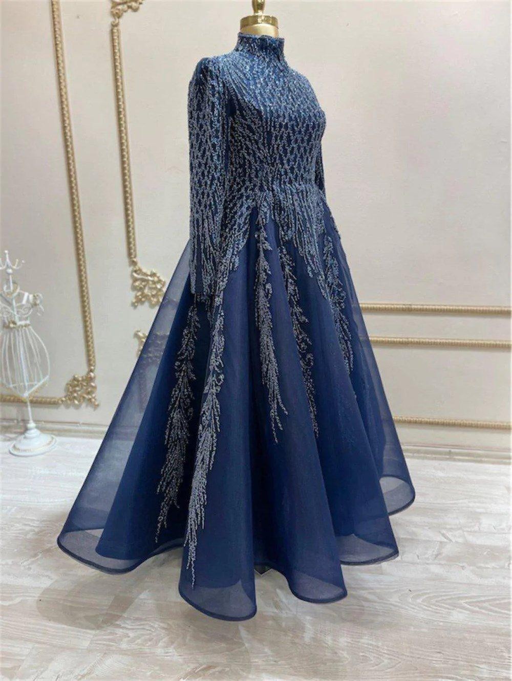 Cute Hijab Evening Dress - Navy Blue